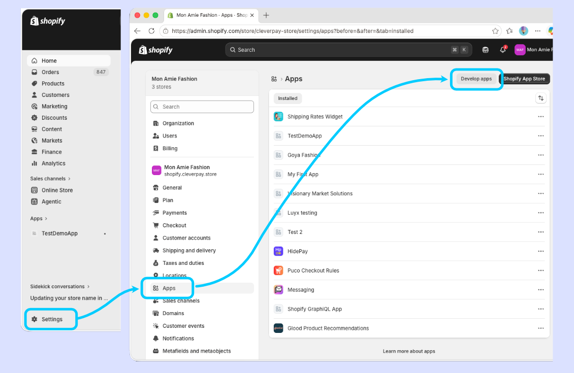 Opening Develop apps options