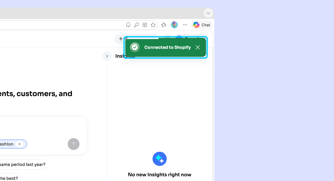 Connected Shopify store connector pop-up notification