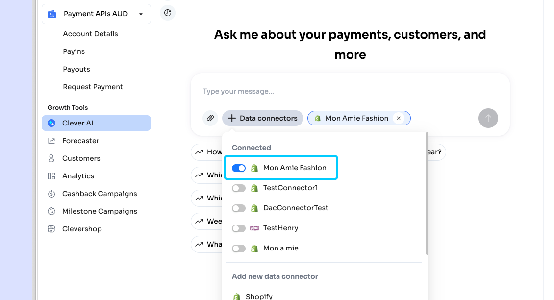 Shopify connected and toggled on